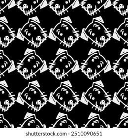 Seamless vector pattern with cute draw fluffy dogs. Simple doodle style. Grid