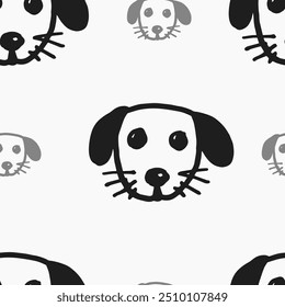 Seamless vector pattern with cute draw fluffy dogs. Simple doodle style. Grid