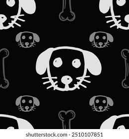 Seamless vector pattern with cute draw fluffy dogs. Simple doodle style. Grid