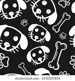 Seamless vector pattern with cute draw fluffy dogs and dog food., paws. Simple doodle style	