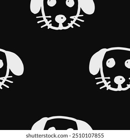 Seamless vector pattern with cute draw fluffy dogs. Simple doodle style. Grid