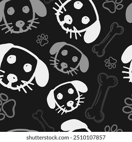 Seamless vector pattern with cute draw fluffy dogs and dog food., paws. Simple doodle style	