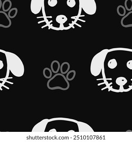 Seamless vector pattern with cute draw fluffy dogs and paws. Simple doodle style