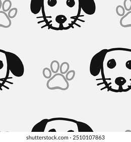 Seamless vector pattern with cute draw fluffy dogs and paws. Simple doodle style