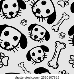 Seamless vector pattern with cute draw fluffy dogs and dog food., paws. Simple doodle style	