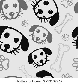 Seamless vector pattern with cute draw fluffy dogs and dog food., paws. Simple doodle style	