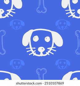 Seamless vector pattern with cute draw fluffy dogs. Simple doodle style. Grid