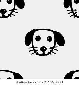 Seamless vector pattern with cute draw fluffy dogs. Simple doodle style. Grid