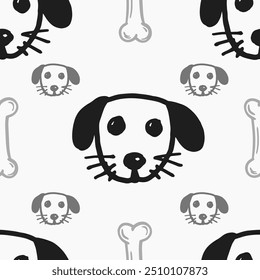 Seamless vector pattern with cute draw fluffy dogs. Simple doodle style. Grid