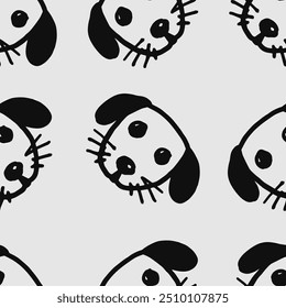 Seamless vector pattern with cute draw fluffy dogs. Simple doodle style. Grid