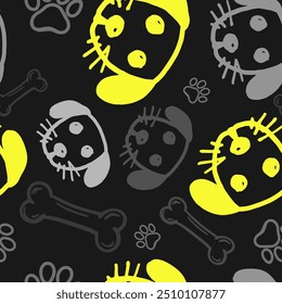 Seamless vector pattern with cute draw fluffy dogs and dog food., paws. Simple doodle style	