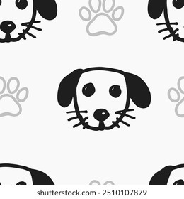 Seamless vector pattern with cute draw fluffy dogs and paws. Simple doodle style