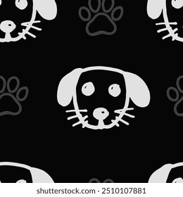 Seamless vector pattern with cute draw fluffy dogs and paws. Simple doodle style