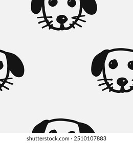 Seamless vector pattern with cute draw fluffy dogs. Simple doodle style. Grid