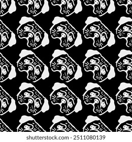 Seamless vector pattern with cute draw fluffy pug dogs and dog food., paws. Simple doodle style. Black and white