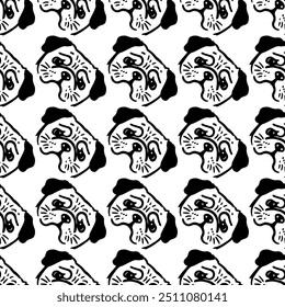 Seamless vector pattern with cute draw fluffy pug dogs and dog food., paws. Simple doodle style. Black and white