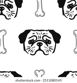 Seamless vector pattern with cute draw fluffy pug dogs and dog food., paws. Simple doodle style. Black and white