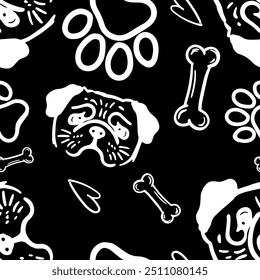 Seamless vector pattern with cute draw fluffy pug dogs and dog food., paws. Simple doodle style. Black and white