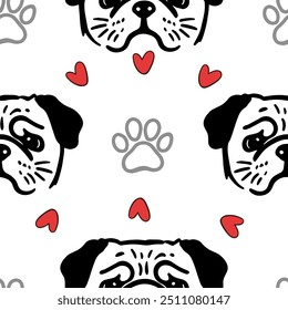 Seamless vector pattern with cute draw fluffy pug dogs and dog food., paws. Simple doodle style. Black and white