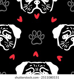 Seamless vector pattern with cute draw fluffy pug dogs and dog food., paws. Simple doodle style. Black and white