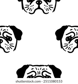 Seamless vector pattern with cute draw fluffy pug dogs and dog food., paws. Simple doodle style. Black and white