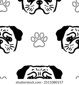 Seamless vector pattern with cute draw fluffy pug dogs and dog food., paws. Simple doodle style. Black and white