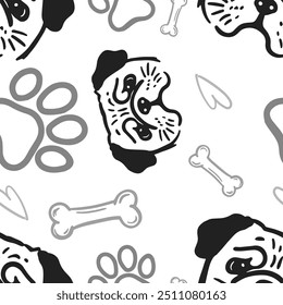 Seamless vector pattern with cute draw fluffy pug dogs and dog food., paws. Simple doodle style. Black and white