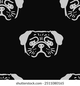 Seamless vector pattern with cute draw fluffy pug dogs and dog food., paws. Simple doodle style. Black and white