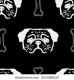 Seamless vector pattern with cute draw fluffy pug dogs and dog food., paws. Simple doodle style. Black and white