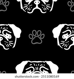 Seamless vector pattern with cute draw fluffy pug dogs and dog food., paws. Simple doodle style. Black and white