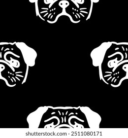 Seamless vector pattern with cute draw fluffy pug dogs and dog food., paws. Simple doodle style. Black and white