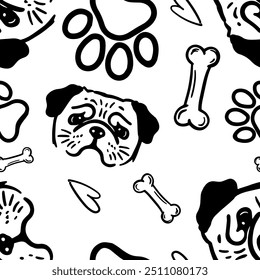 Seamless vector pattern with cute draw fluffy pug dogs and dog food., paws. Simple doodle style. Black and white