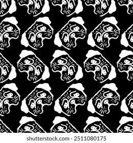 Seamless vector pattern with cute draw fluffy pug dogs and dog food., paws. Simple doodle style. Black and white