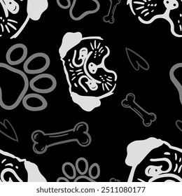 Seamless vector pattern with cute draw fluffy pug dogs and dog food., paws. Simple doodle style. Black and white