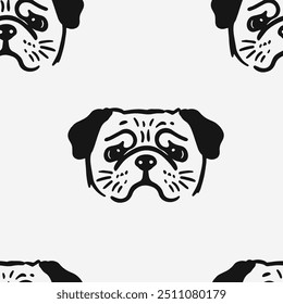 Seamless vector pattern with cute draw fluffy pug dogs and dog food., paws. Simple doodle style. Black and white