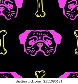 Seamless vector pattern with cute draw fluffy pug dogs and dog food., paws. Simple doodle style. Black and white