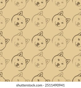 Nahtloses Vektormuster mit süßer Zeichnung flauschigen japanischen Akita Inu Hunde und Hundefutter., Pfoten. Einfacher Doodle-Stil.