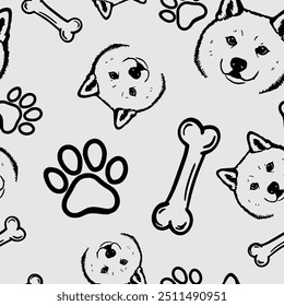 Seamless vector pattern with cute draw fluffy Japanese Akita Inu dogs and dog food., paws. Simple doodle style.