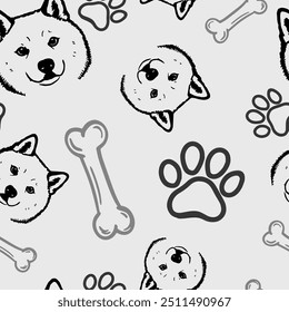 Seamless vector pattern with cute draw fluffy Japanese Akita Inu dogs and dog food., paws. Simple doodle style.