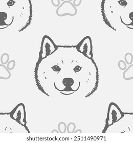 Nahtloses Vektormuster mit süßer Zeichnung flauschigen japanischen Akita Inu Hunde und Hundefutter., Pfoten. Einfacher Doodle-Stil.