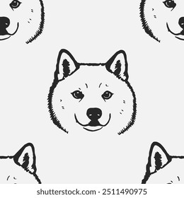 Nahtloses Vektormuster mit süßer Zeichnung flauschigen japanischen Akita Inu Hunde und Hundefutter., Pfoten. Einfacher Doodle-Stil.