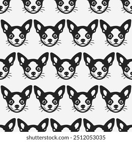 Seamless vector pattern with cute draw chihuahua dogs and dog food., paws. Simple doodle style.	