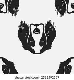 Seamless vector pattern with cute draw english springer spaniel dogs and dog food., paws. Simple doodle style.	