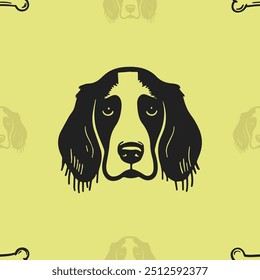 Seamless vector pattern with cute draw english springer spaniel dogs and dog food., paws. Simple doodle style.	