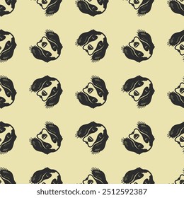 Seamless vector pattern with cute draw english springer spaniel dogs and dog food., paws. Simple doodle style.	