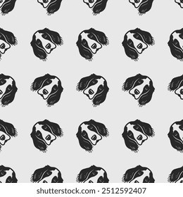 Seamless vector pattern with cute draw english springer spaniel dogs and dog food., paws. Simple doodle style.	
