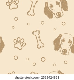 Seamless vector pattern with cute draw fluffy dogs. Simple doodle style.