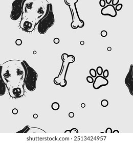 Seamless vector pattern with cute draw fluffy dogs. Simple doodle style.