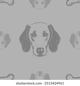 Seamless vector pattern with cute draw fluffy dogs. Simple doodle style. Grid