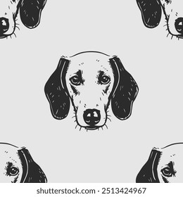 Seamless vector pattern with cute draw fluffy dogs. Simple doodle style. Grid